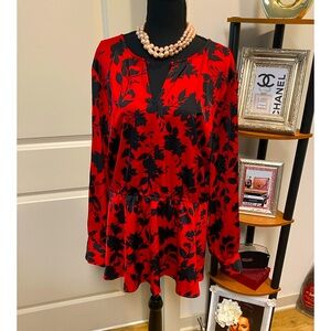 LANE BRYANT FLORAL RED ELASTIC WAIST LONG SLEEVES PEPLUM BLOUSE SZ 26 PRELOVED